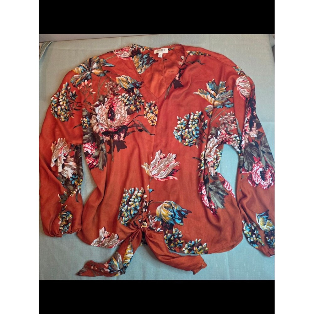 Umgee Burt-Orange Floral V-Neck Tie-Hem Blouse S